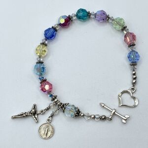 925 Sterling Silver Multicolor Glass Beaded Religious Cross Charm Bracelet